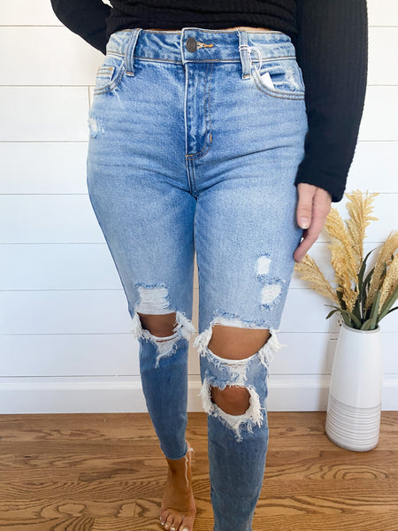 Drew High Rise Distressed Skinny Mom Jean